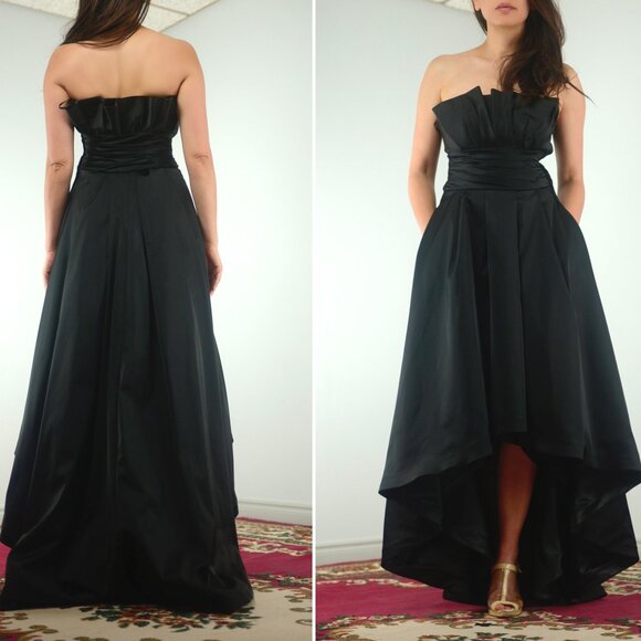 WHBM Black Duchess Satin Strapless High Low Hem Ball Gown with Pockets, sz 2 XXS - Picture 7 of 13